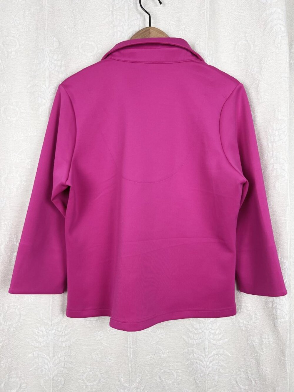 Gretchen Scott Twist & Shout top hot pink stretch jersey button-up blouse ruched - Picture 6 of 9